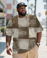 Big & Tall Men's Daily Casual Coffee Gradient Plaid Letter Printed Round Neck Short Sleeve T-Shirt